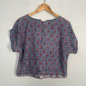 Anokhi blue and pink block printed short sleeve blouse size medium